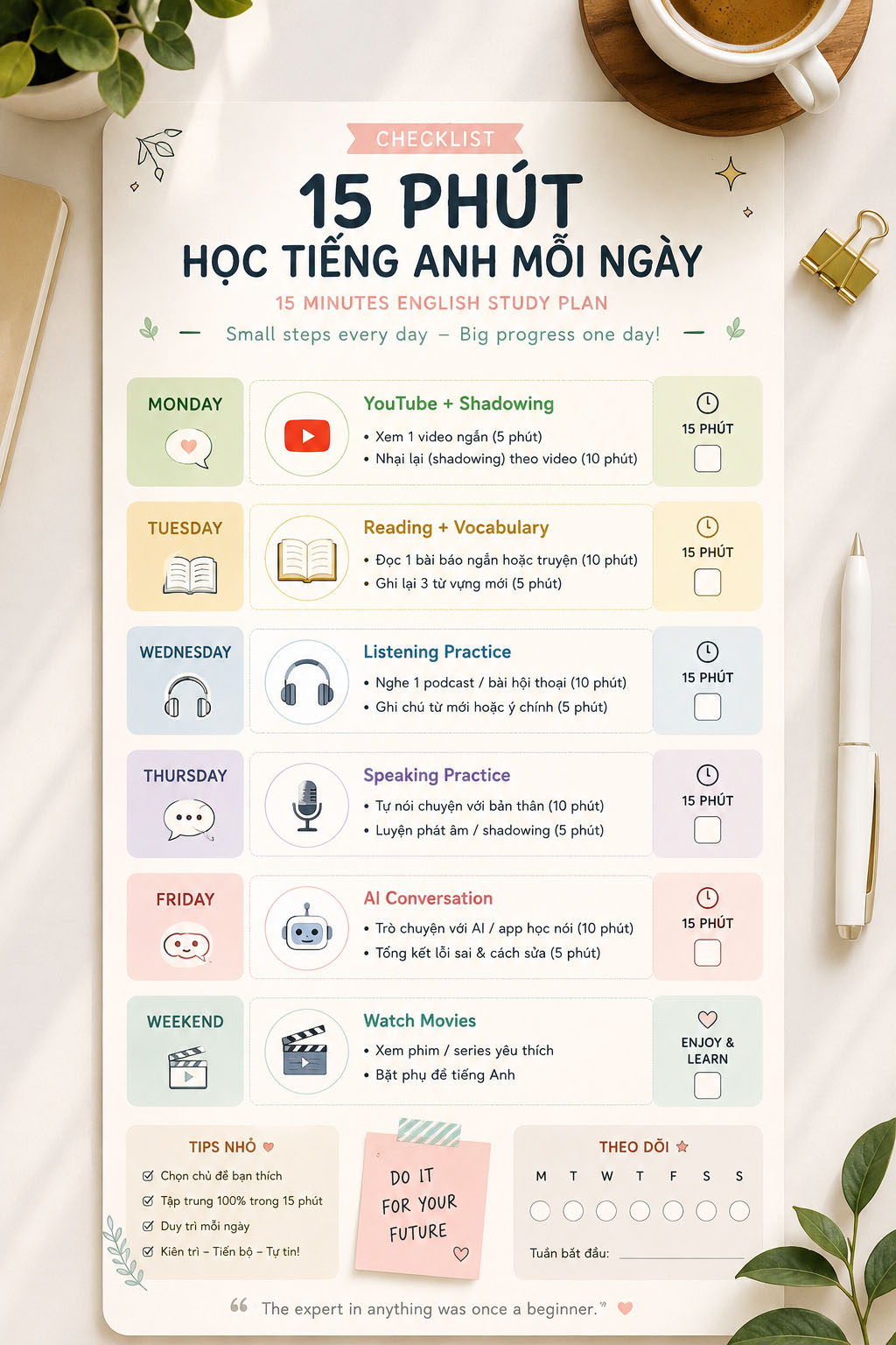 15 phút học tiếng Anh mỗi ngày