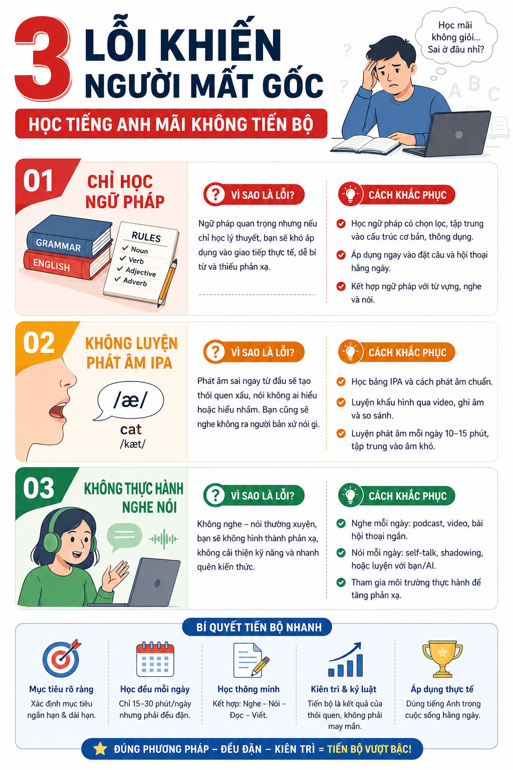 3 lỗi khiến người mất gốc học tiếng Anh mãi không tiến bộ