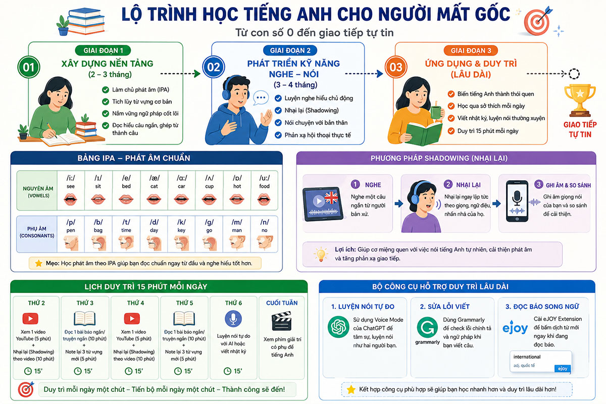 Lộ trình học tiếng Anh cho người mất gốc
