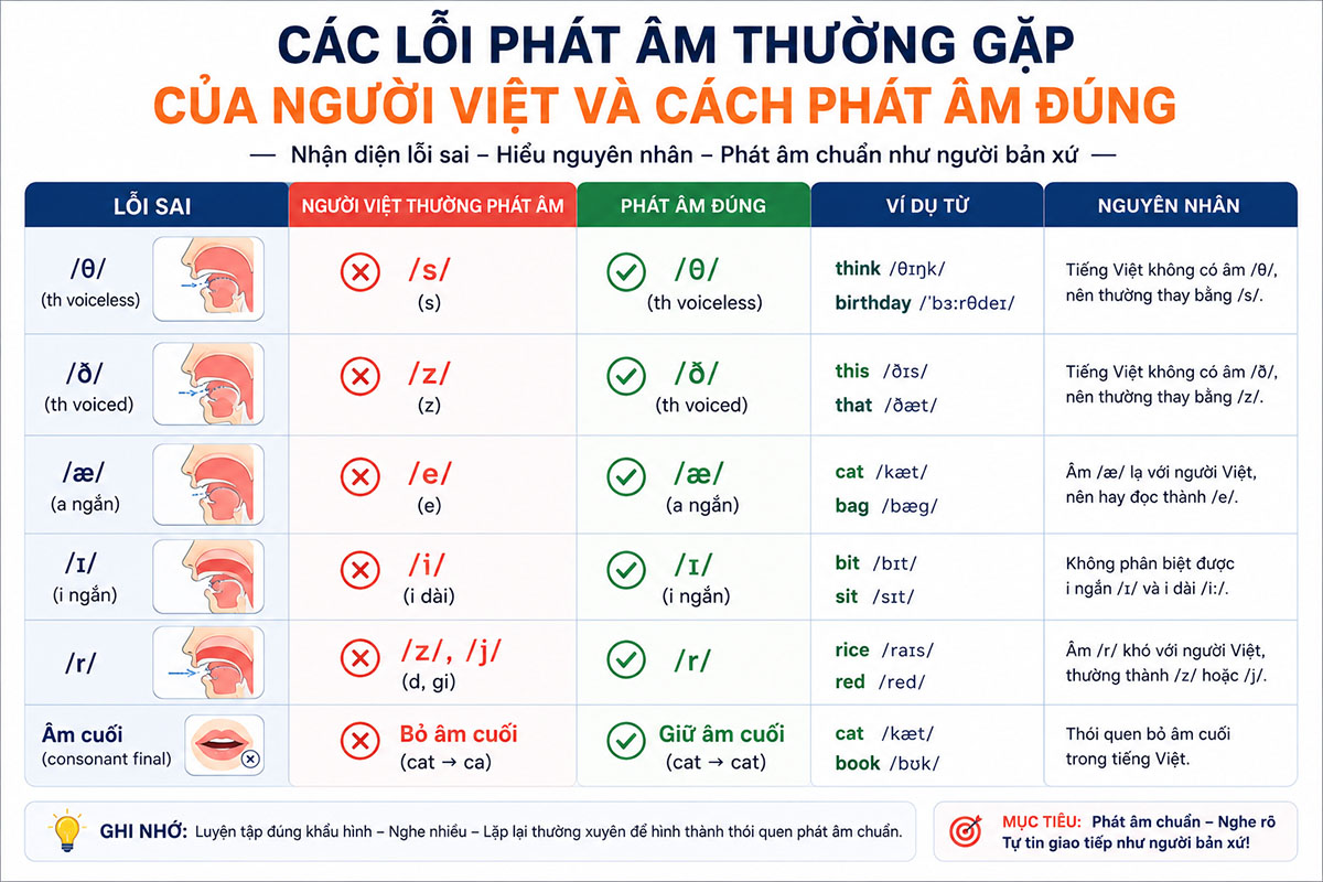 Các lỗi phát âm thường gặp của người Việt và cách phát âm đúng