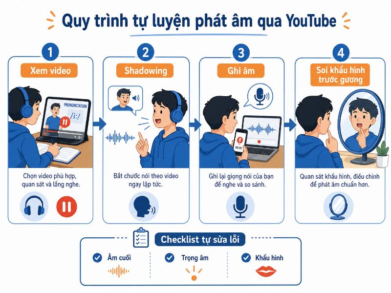 Kết hợp kỹ thuật shadowing, ghi âm giọng nói và thực hành trước gương đều đặn để biến âm mẫu thành phản xạ của chính bạn.