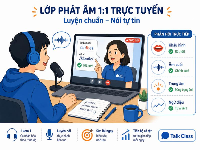 Đồng hành cùng giáo viên hoặc mentor tại Talk Class giúp bạn nhanh chóng phát hiện lỗi sai và có lộ trình học tập cá nhân hóa.