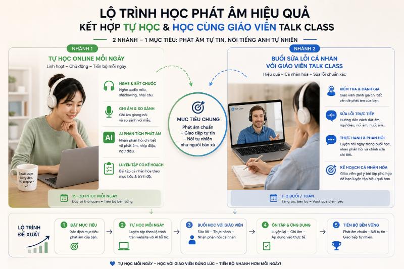 Kết hợp tự học online với sự hướng dẫn của giáo viên tại Talk Class sẽ mang lại lộ trình sửa lỗi rõ ràng và hiệu quả giao tiếp tốt nhất. 
