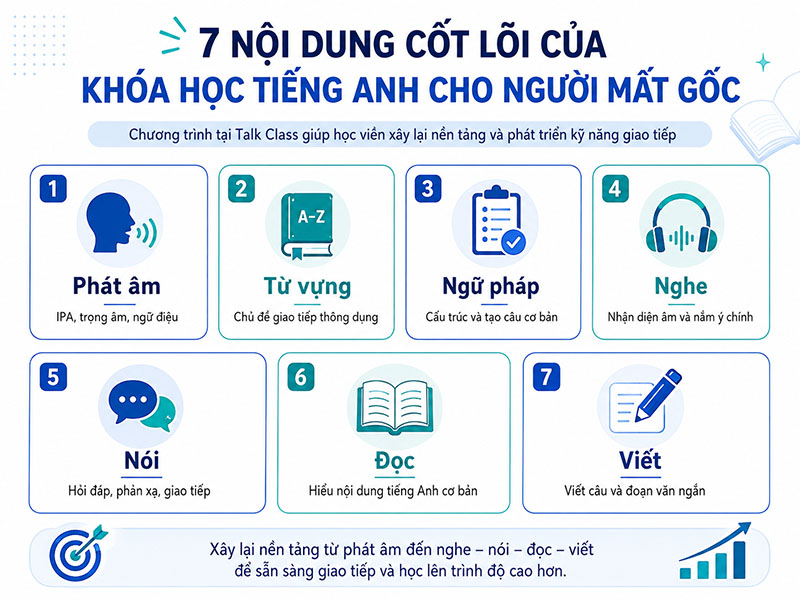7 nội dung cốt lõi trong khóa học tiếng Anh cho người mất gốc tại Talk Class